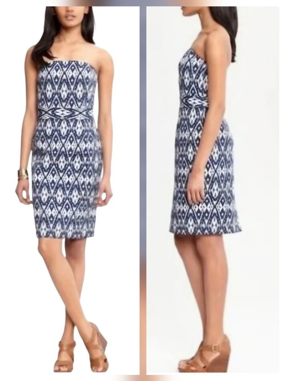Banana Republic Strapless Ikat Geometric Print Sheath Mini Dress Navy White